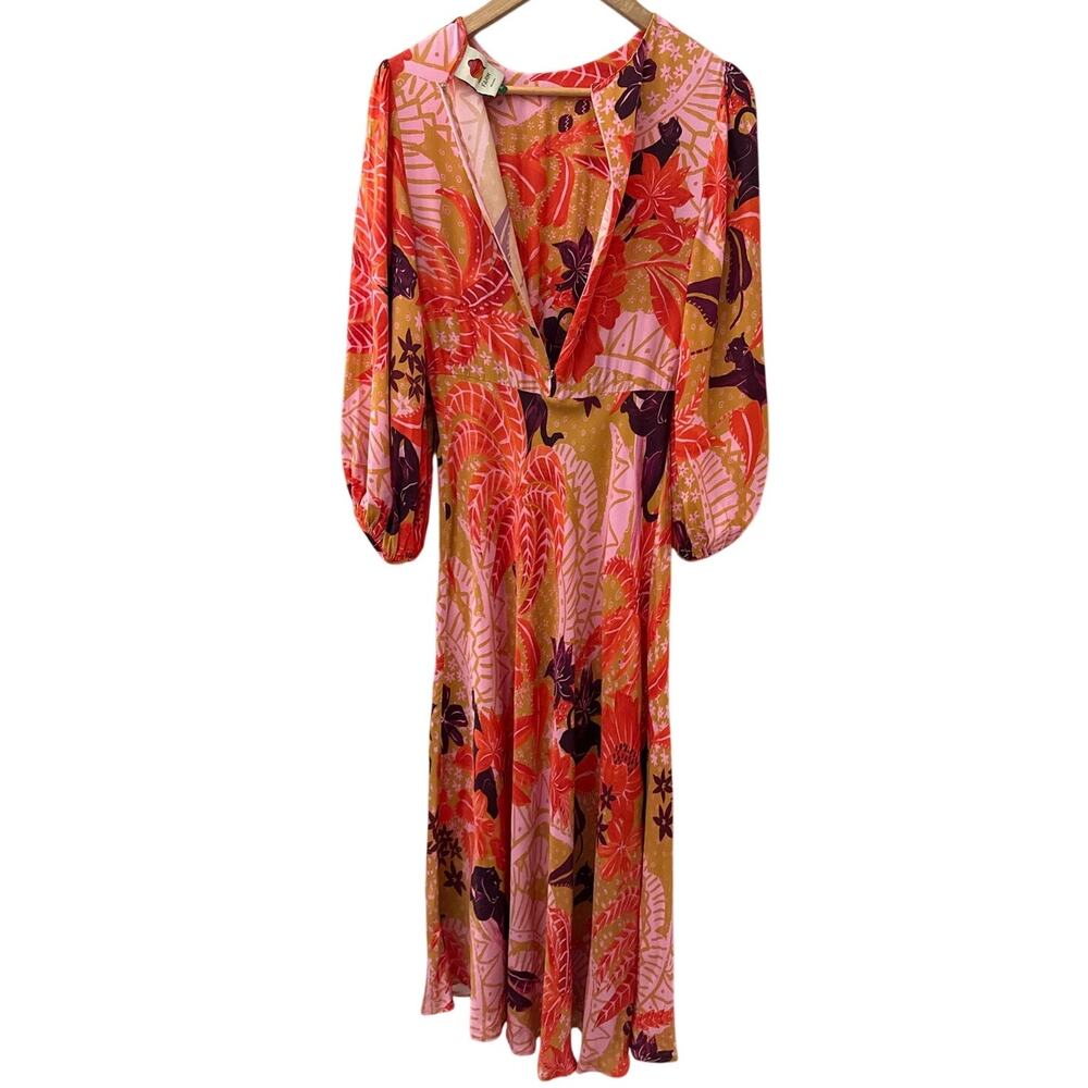 Farm Rio Puff-Sleeve Cutout Slip Maxi Dress Jungle Panther Size Medium - Picture 9 of 10